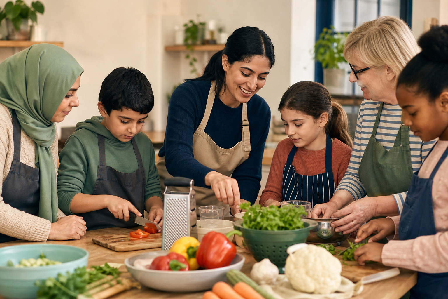 A mixed group learning practical cooking skills together in a warm community kitchen