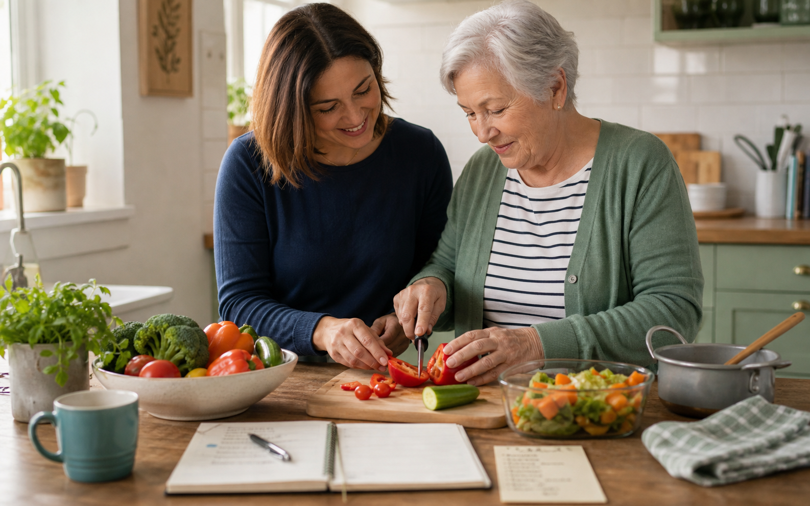 An older adult and a supporter preparing a healthy meal together in a warm kitchen