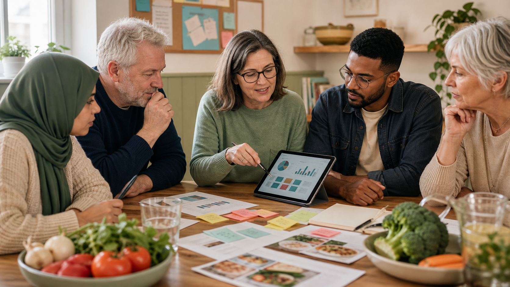 A community group reviewing food and wellbeing evidence on a tablet in a warm workshop setting